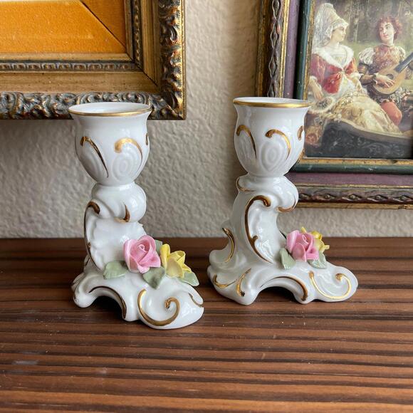 Vintage Candlesticks porcelain candlesticks set of 2 - Picture 2 of 5
